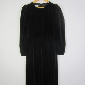 Vtg Laura Ashley Women S Black Velour Velvet LS Maxi Dress Waist 28" Fit Flare